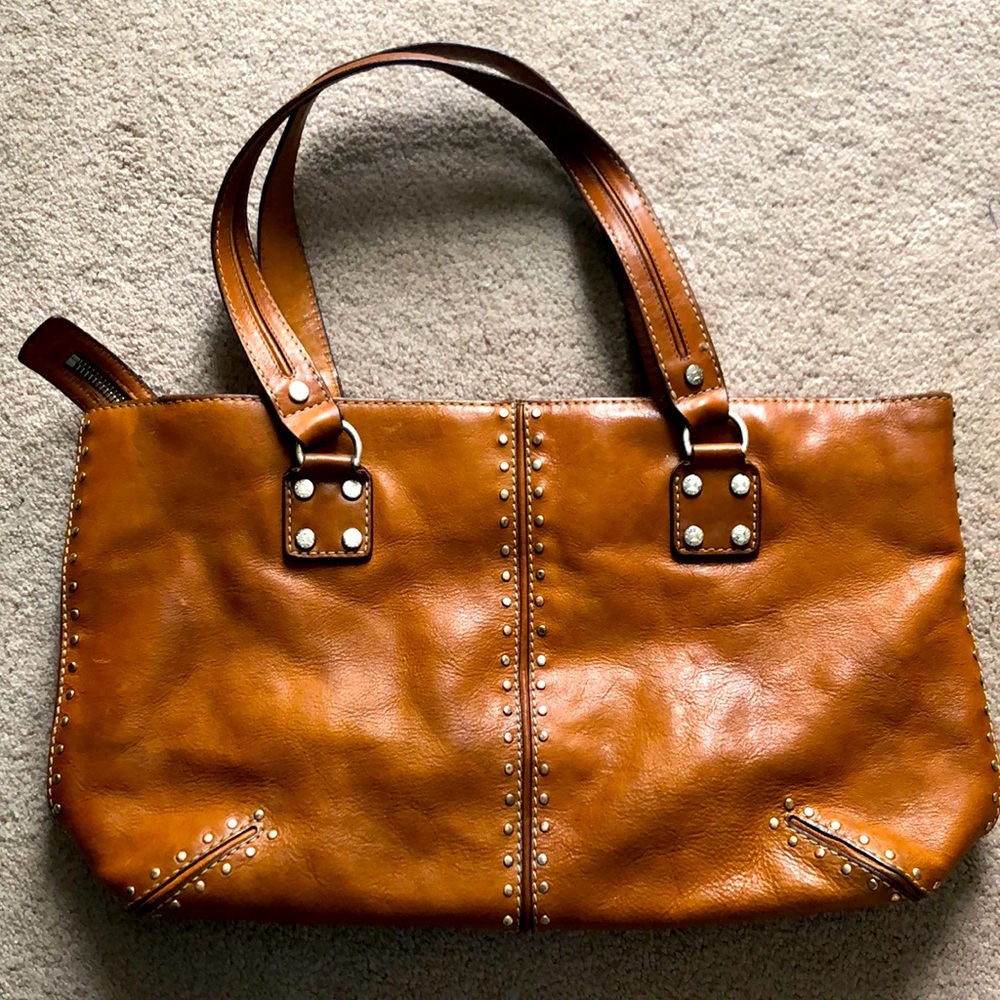 MICHAEL KORS Vintage Fulton Tote Cognac Brown Silver Studs Leather Purse Handbag